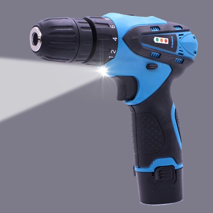 Blue cordless drill with LED beam and black chuck, side grip for control