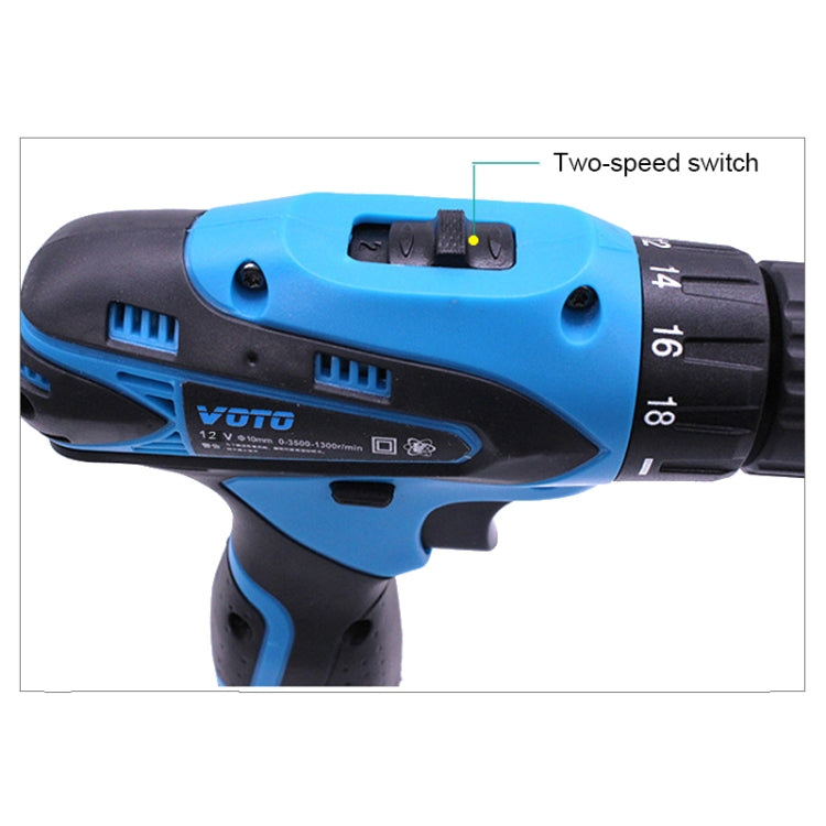 Blue hand drill head with two-speed switch and numbered speed selector ring