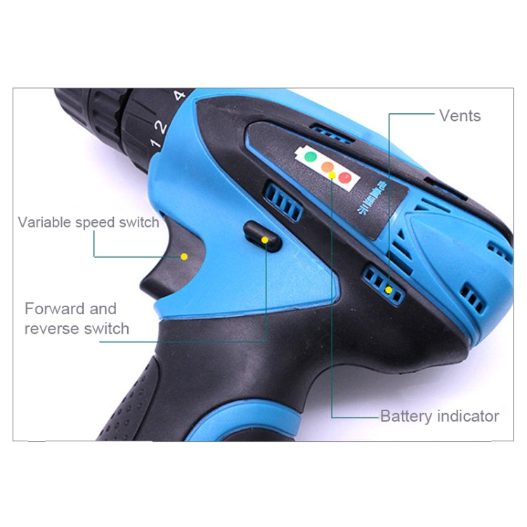 Blue cordless drill body showing vents, battery indicator, and side switches