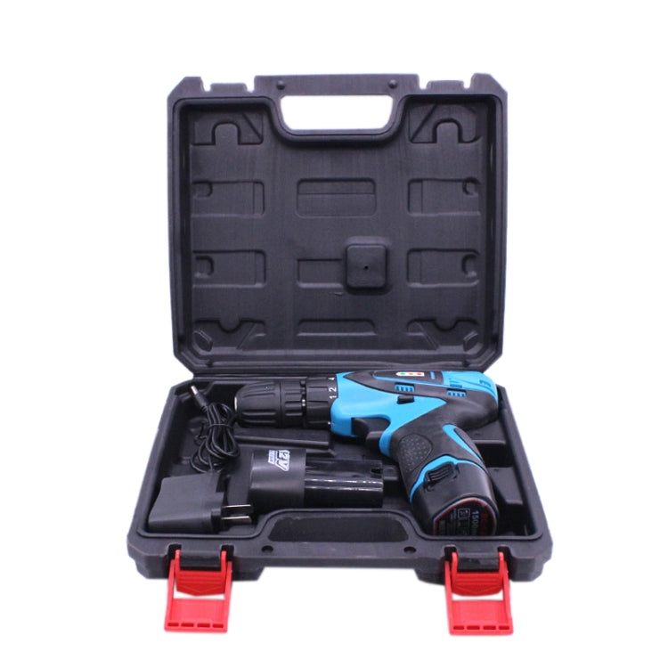 Blue cordless hand drill set in a hard plastic case with accessories