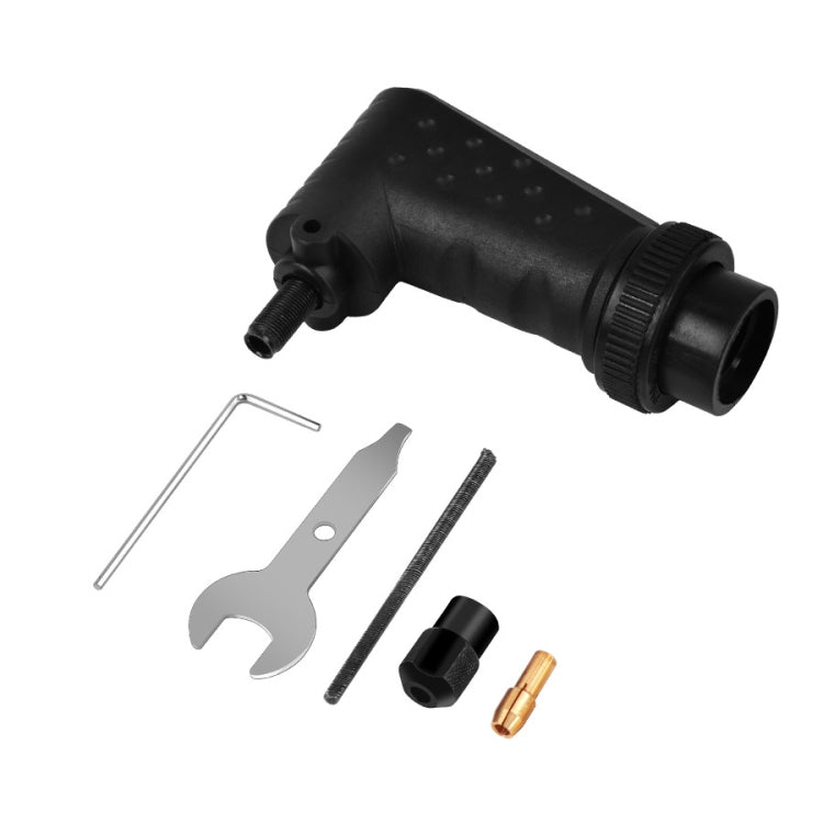 Right angle rotary tool attachment with wrench, blades, and bits, black