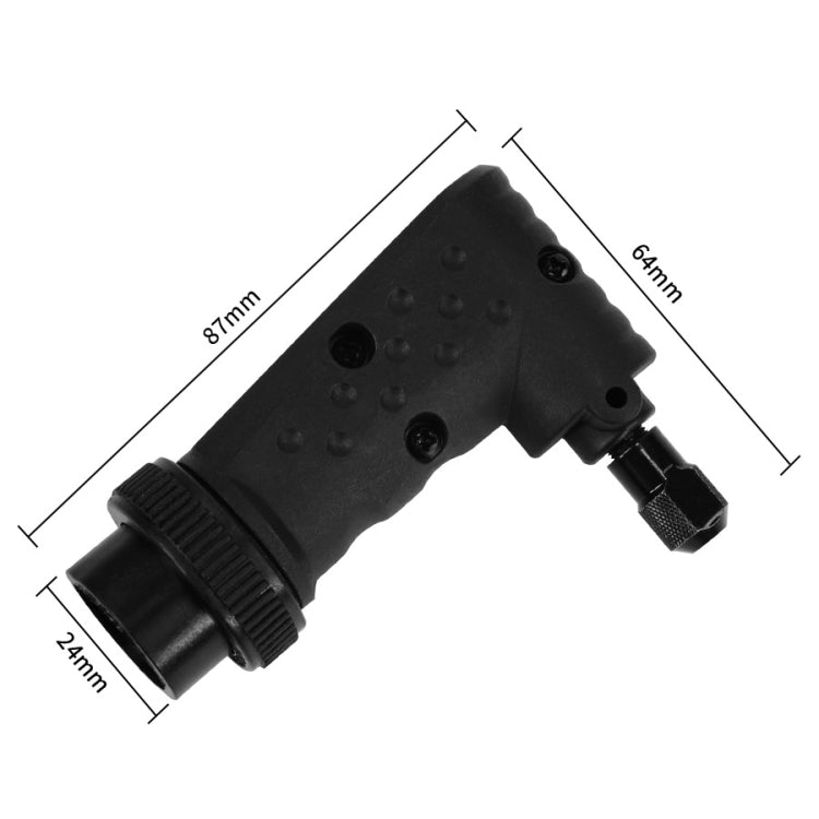 Black right angle rotary tool attachment with side chuck and threaded mount