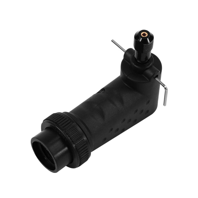 Black right angle rotary tool attachment with knurled grip and metal adjustment wrench