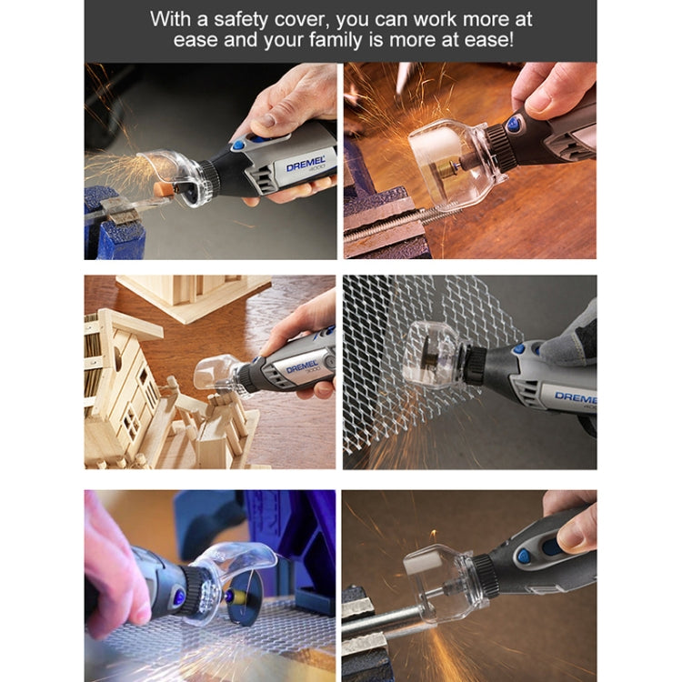 Transparent protective cover attached to rotary tool for safer grinding