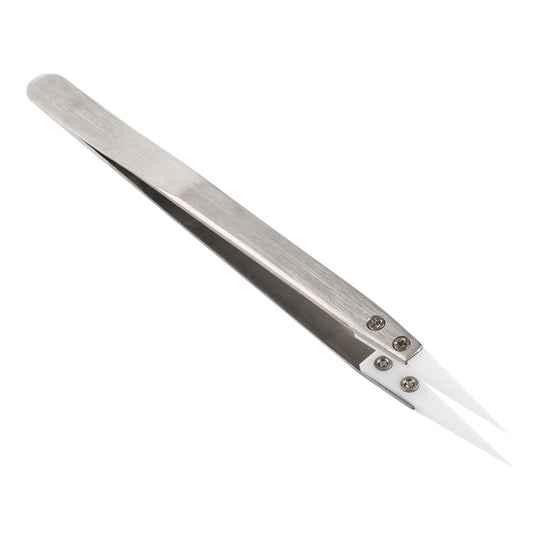 Stainless steel tweezers with ceramic tip, angled pointed ends
