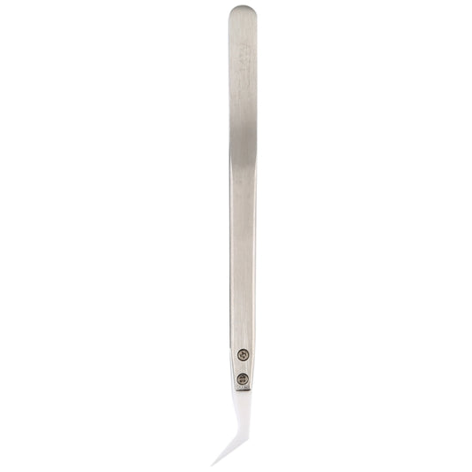 Narrow stainless steel tweezers with white base and ceramic tip