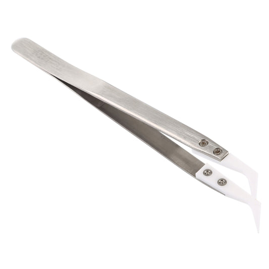Stainless steel ceramic tip elbow tweezers with white handle, pointed ends
