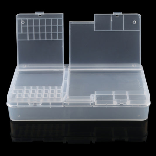 Clear two-level plastic organizer with grid slots and multiple small sections