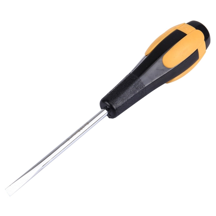 Slot screwdriver with long metal shaft and black-orange comfort grip handle