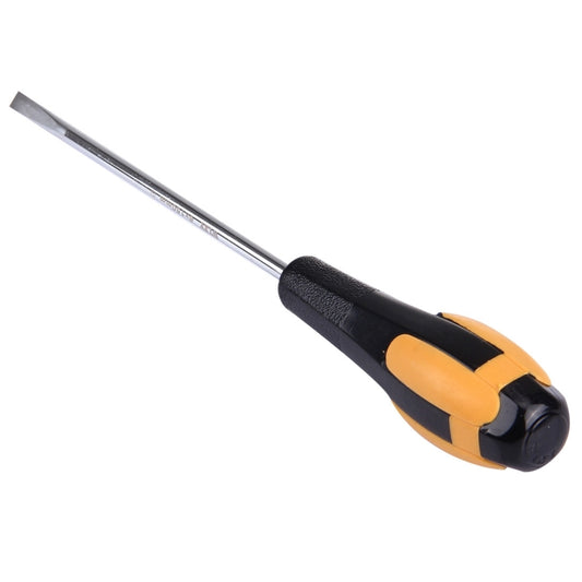 Slotted screwdriver with flat tip, black-orange handle, and metal shaft