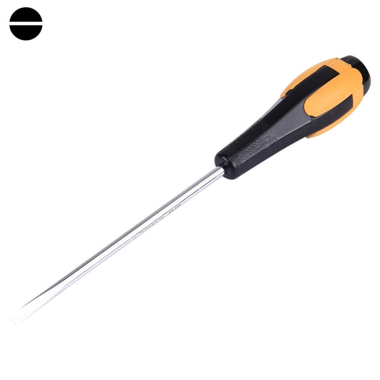 Slot screwdriver with orange-and-black handle, long metal shaft, flat tip