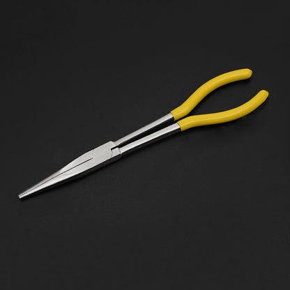 0-degree straight needle-nose pliers with yellow insulated handles and long pointed jaws