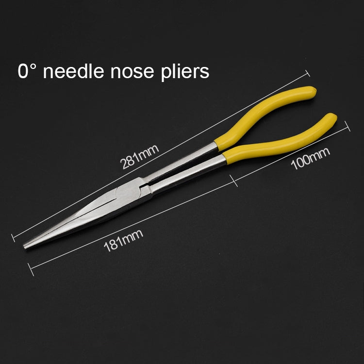 Straight 0-degree needle-nose pliers, 181 mm long, yellow handles, pointed jaws