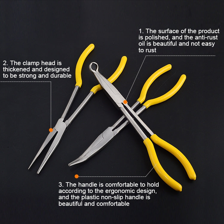 Needle-nose pliers with yellow grips and long pointed jaws, clamp head detail visible