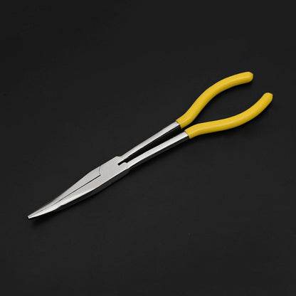 Needle-nose pliers with 25-degree bent tip and yellow comfort grips
