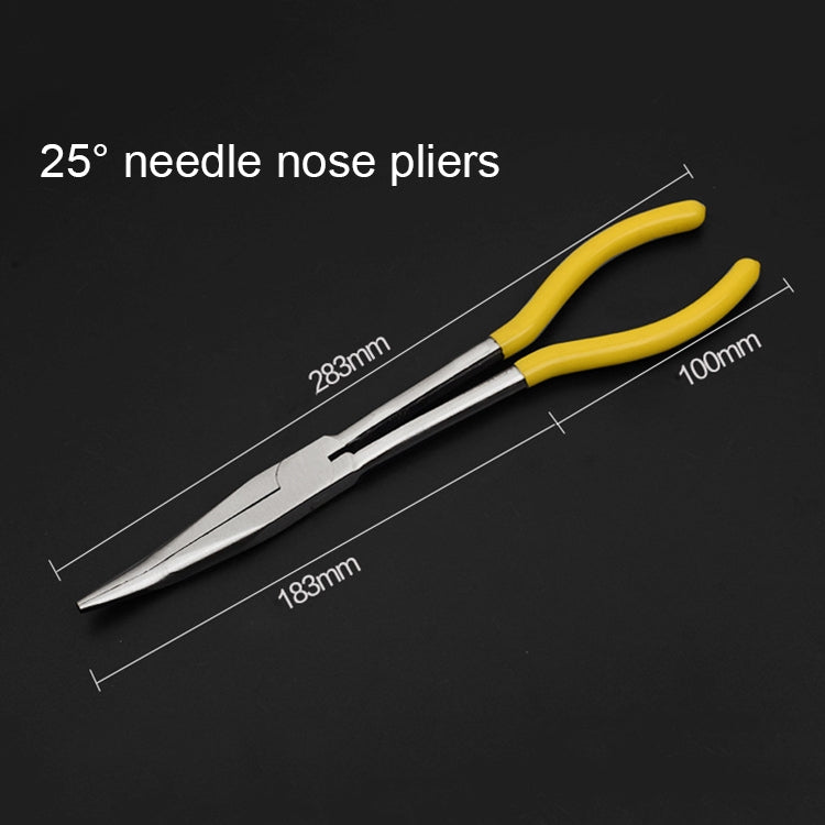 Needle-nose pliers with long jaws and yellow handles