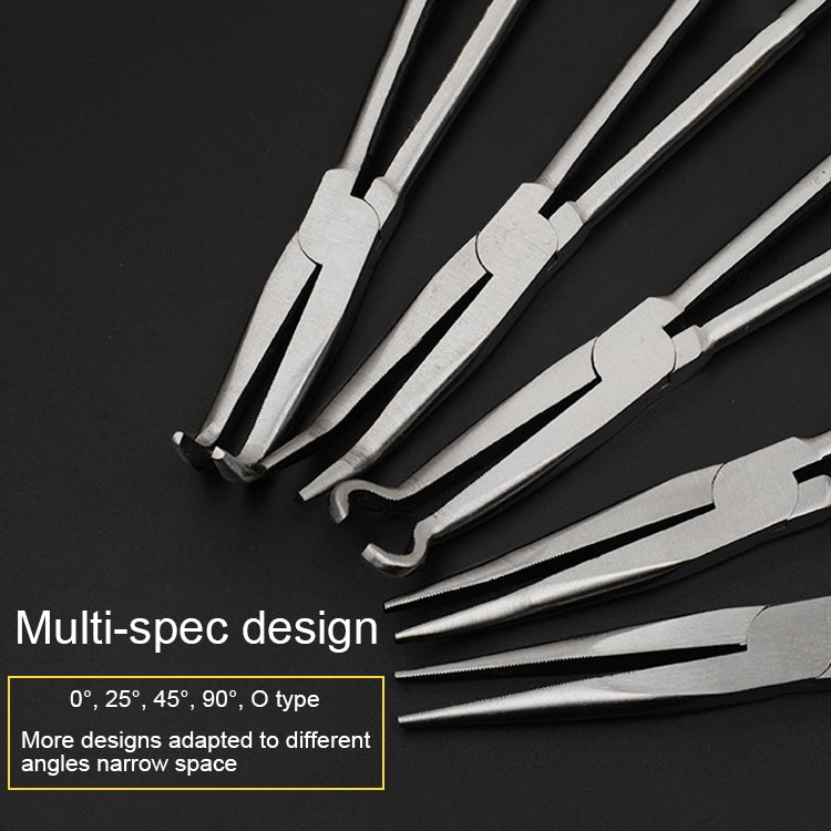Multi-angle needle-nose pliers with yellow handles and steel jaws