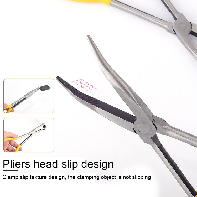 Needle-nose pliers close-up of textured jaw tip and grip handle
