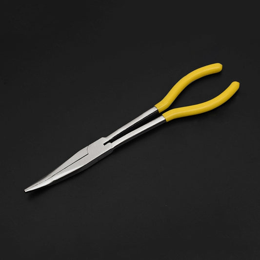 Needle-nose pliers with 25-degree bent tip and yellow comfort grips