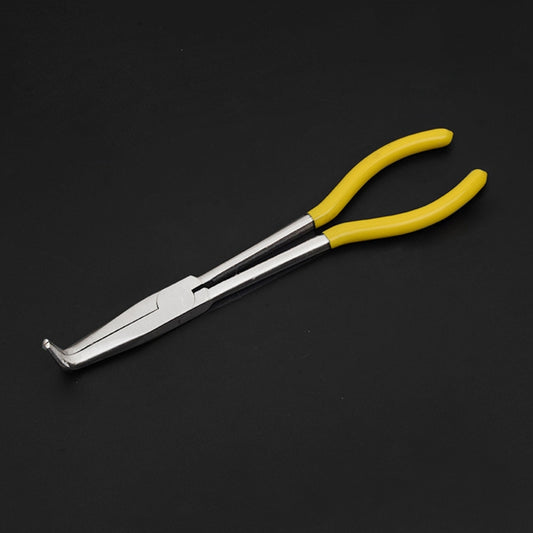 Yellow-handled 90-degree needle-nose bending pliers with long pointed jaws