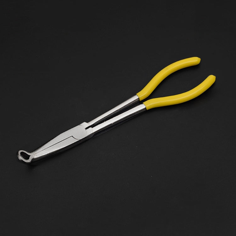 O-shaped needle-nose pliers with yellow insulated handles and curved jaws