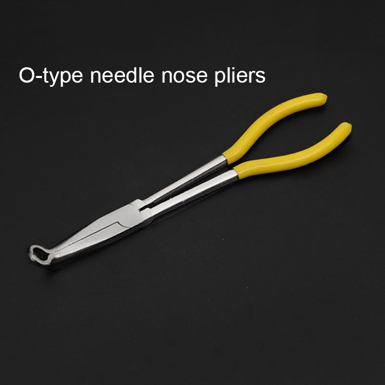 O-shaped needle-nose pliers with yellow grips and narrow curved metal nose