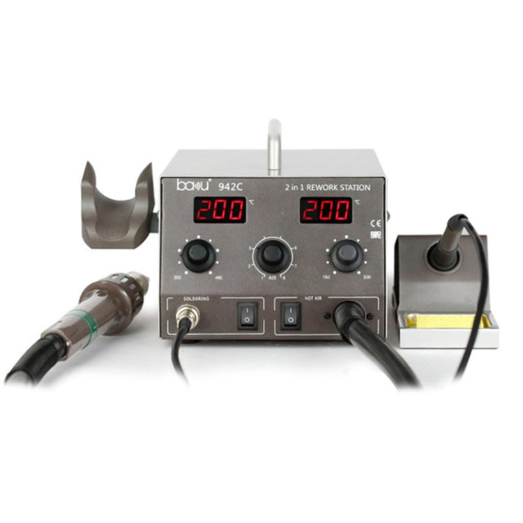 BAKU 2-in-1 rework station with hot air gun, control knobs, and red LED temperature display