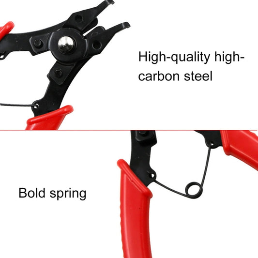 Snap ring plier with red handles, black jaws, and spring mechanism