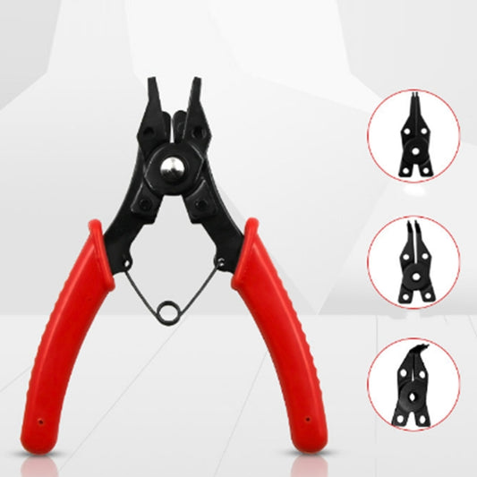 4-in-1 snap ring pliers with red handles and black angled jaws for circlips