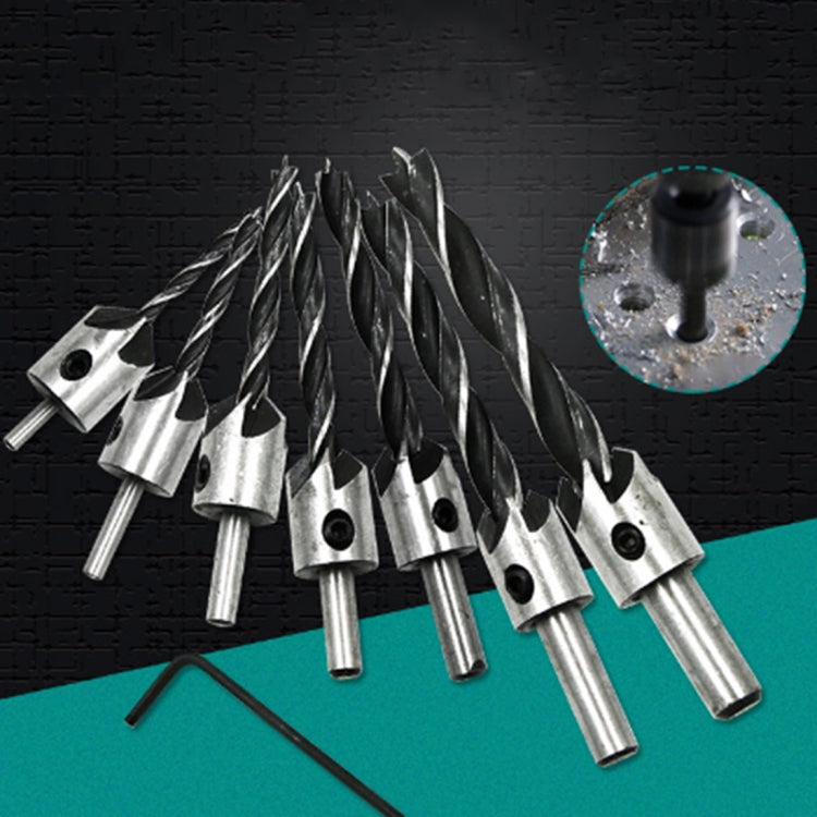 3–10mm HSS countersink and chamfer bit set, three-point tips, with hex key, 7 pieces