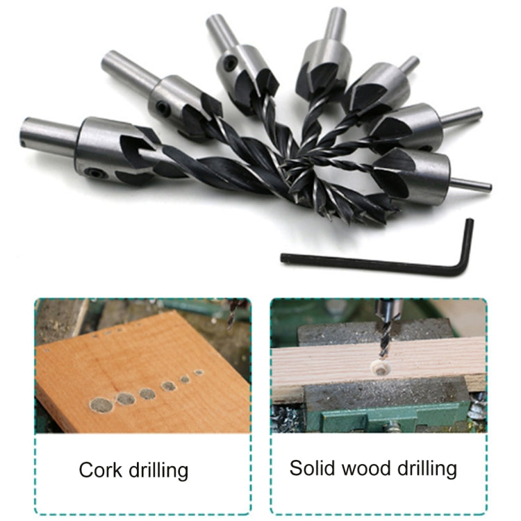 HSS countersink and chamfer drill bit set with hex key, 3–10mm, 7 pieces