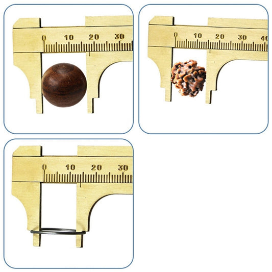 Brass mini vernier caliper in multiple views measuring bead sizes with jaws