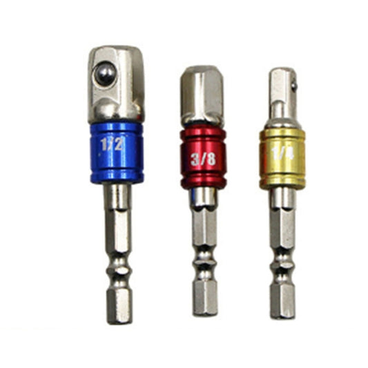 Hex shank socket bit extension bar adapters set with blue, red, and gold ends