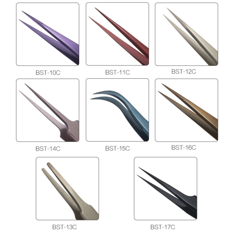 Blister card showing BST-10C purple eyebrow tweezer among assorted tweezers