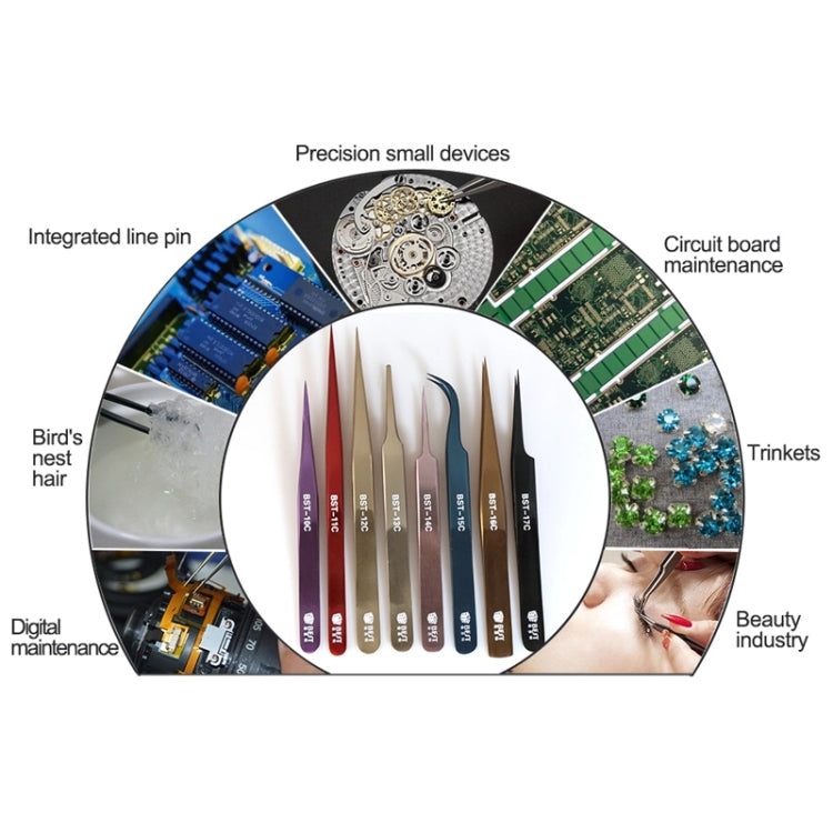 Assorted precision tweezers display with purple, red, and gold tips