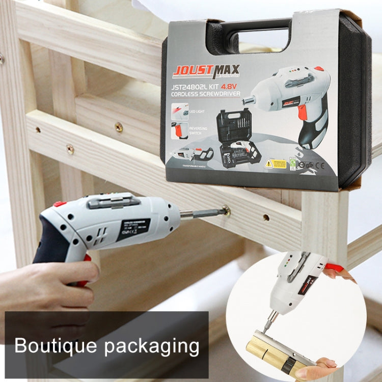Cordless electric screwdriver kit with retail box, white-and-red handle, and bit tips