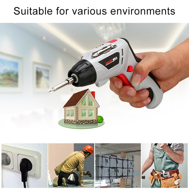 Handheld cordless electric screwdriver with white body and red-and-black grip