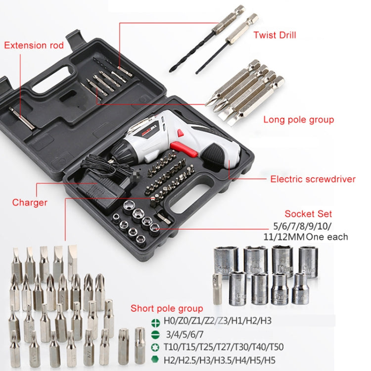 Cordless electric screwdriver kit with socket set, extension rods, and twist drill bits