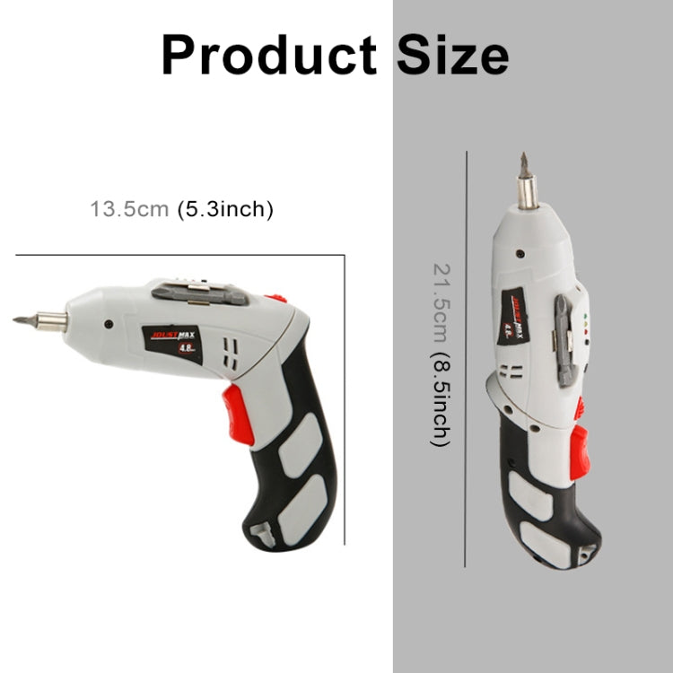 Electric screwdriver with red/black grip, shown with size 13.5 cm and 21.5 cm