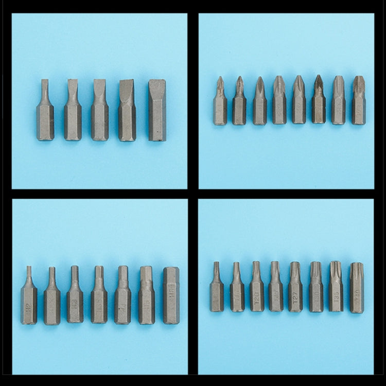 Screwdriver bit set, mixed flat and hex tips in rows
