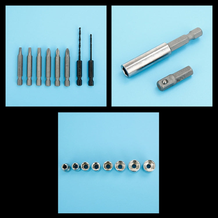 Screwdriver bit and socket set, metal bits and socket rings on blue