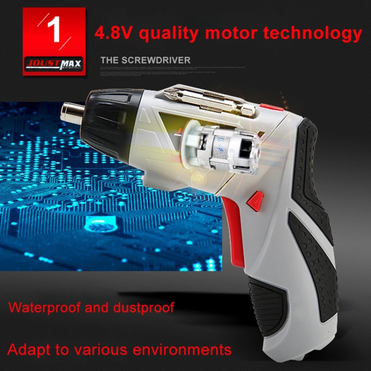 Cordless electric screwdriver, white body with red accents and black textured grip