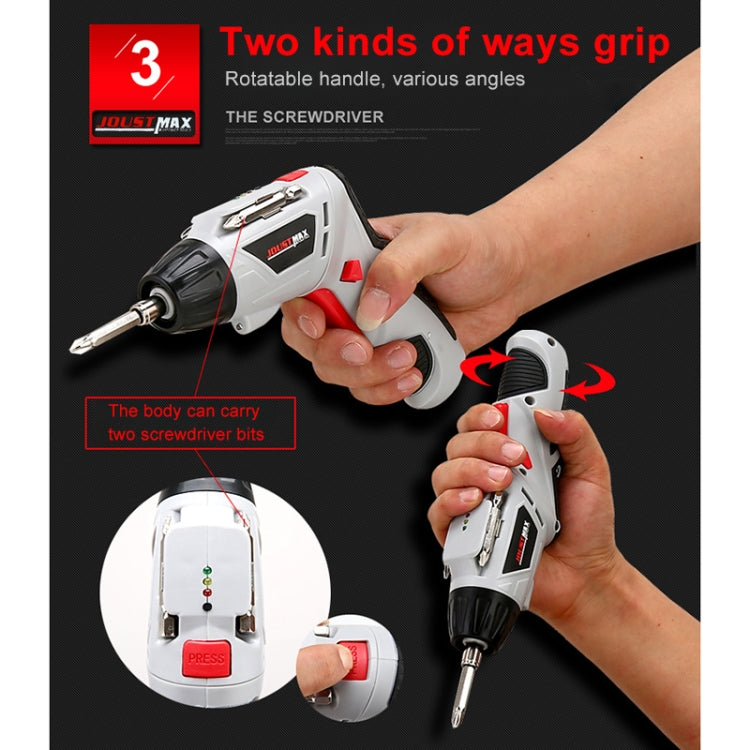 Cordless electric screwdriver with rotating handle grip, white body with red/black details