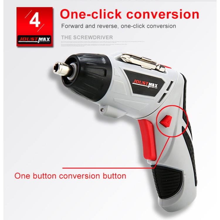 Cordless electric screwdriver with red conversion button and forward/reverse switch