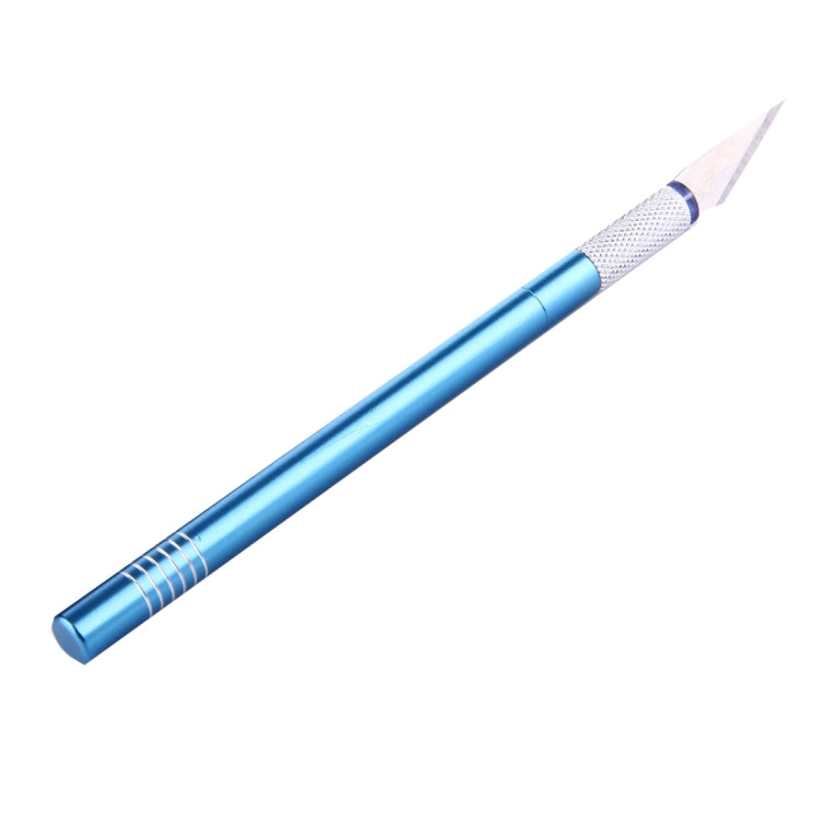 Blue metal precision knife with pointed tip and textured grip handle