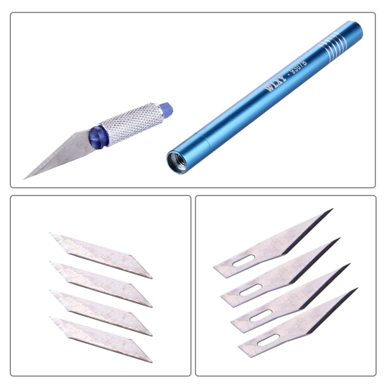 Precision knife kit with blue handle and multiple metal replacement blades