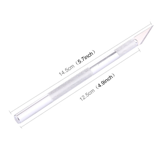 Metal carving knife with long silver handle and pointed blade; size markings shown