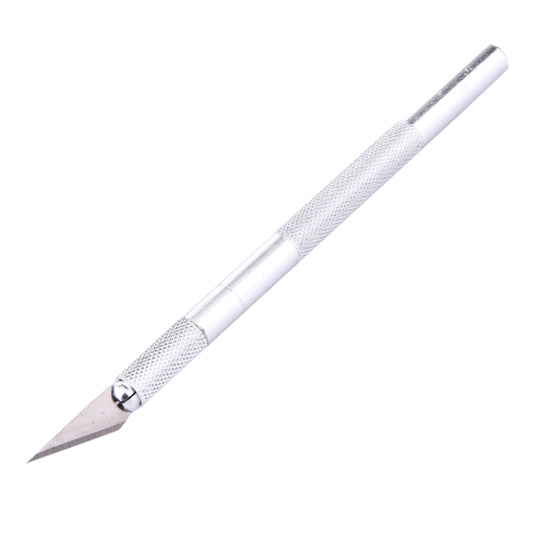 Precision metal carving knife with pointed blade and textured silver handle