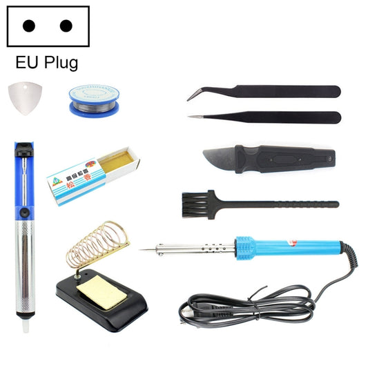 Soldering iron tool set with blue soldering iron, black tools, and EU plug components