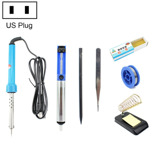 Soldering iron tool set with US plug, blue handle, cord, tips, and cleaning accessories